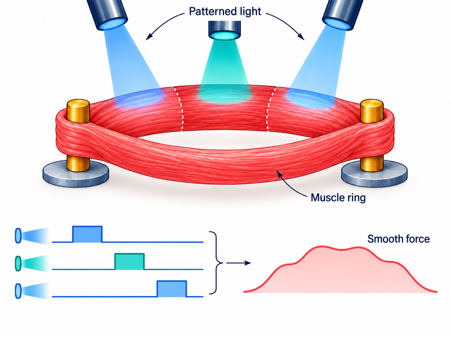 Patterned light stimulates separate sectors of a muscle ring with staggered timing
