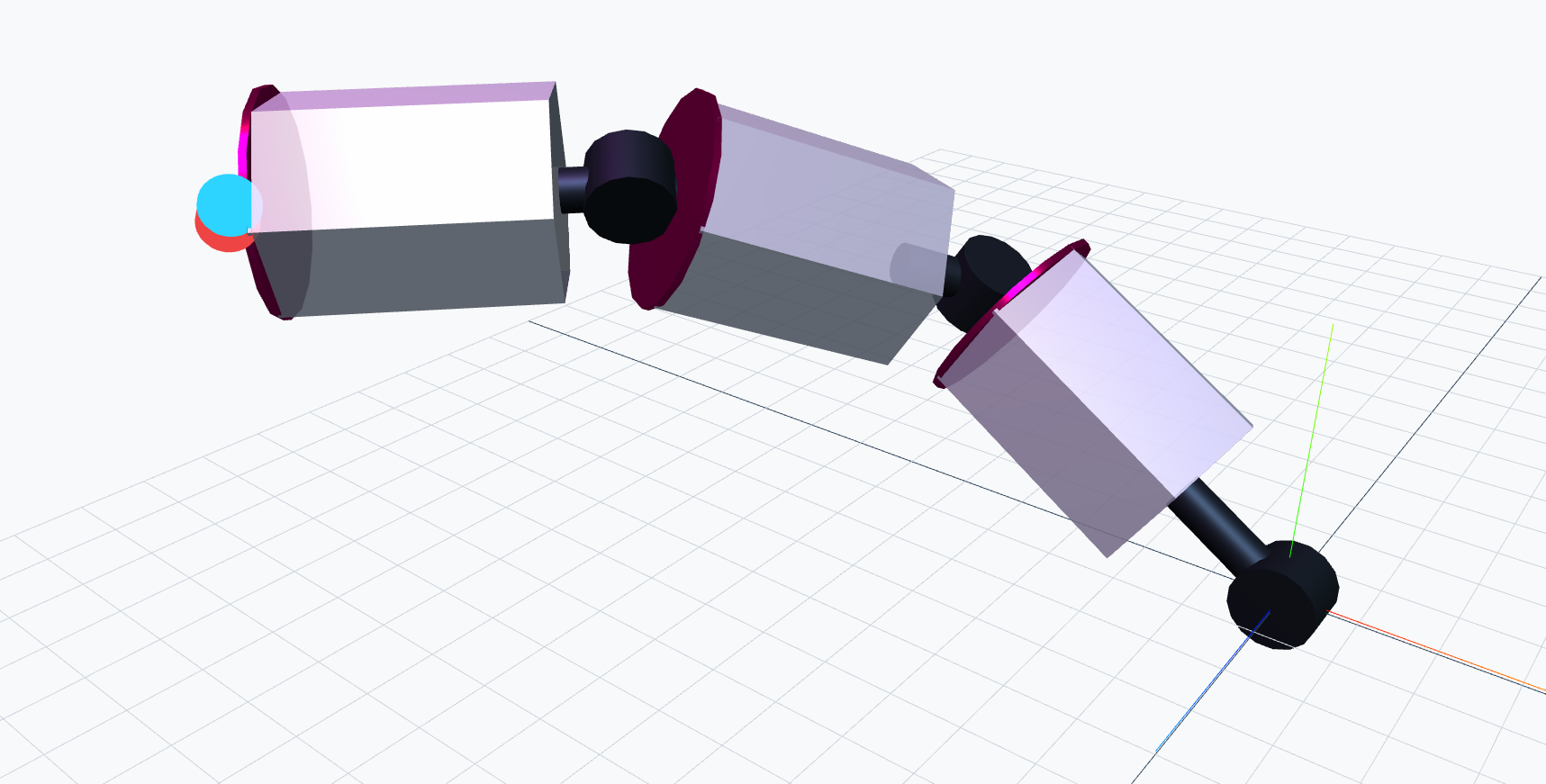 Simulation view of a three-segment hybrid origami arm reaching toward a target